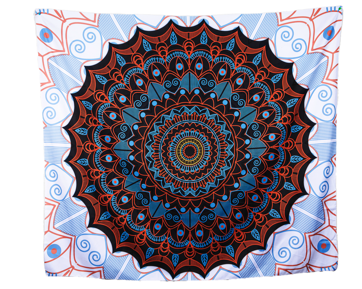 Mandala Boho Print 01  Black, Blue and White Wall Tapestry