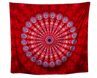 Mandala Boho Print 35 Red, Blue and White Wall Tapestry