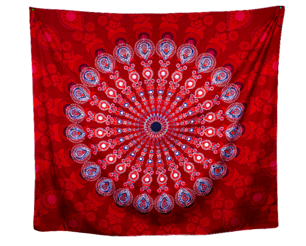 Mandala Boho Print 35 Red, Blue and White Wall Tapestry