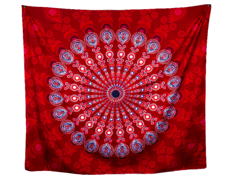 Mandala Boho Print 35 Red, Blue and White Wall Tapestry