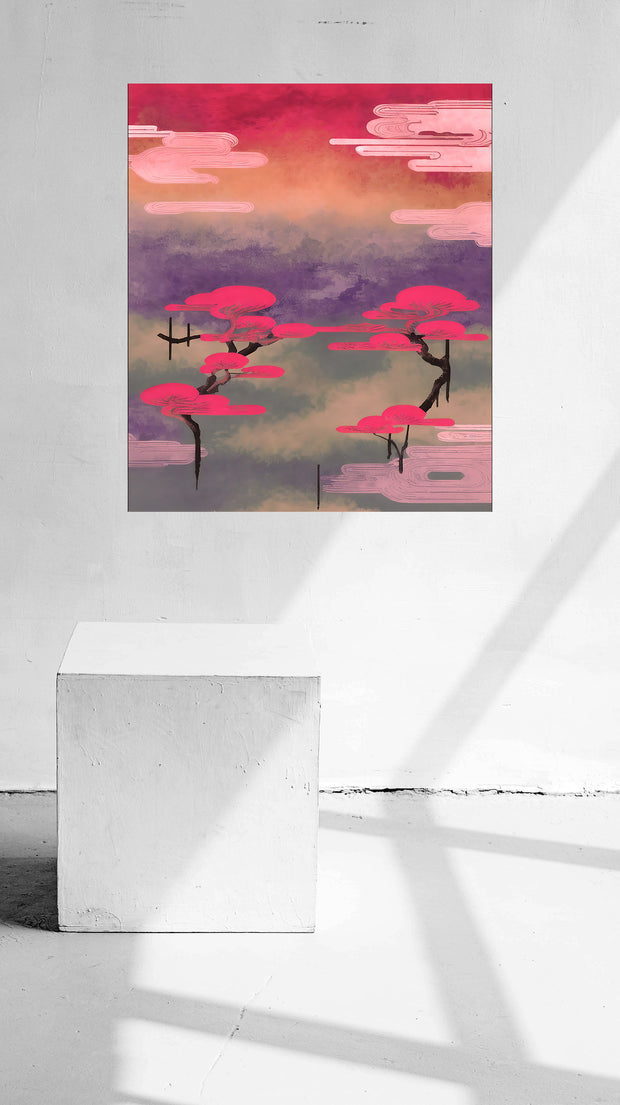 Japanese Landscape Canvas Print – Vibrant Red, Black, Pink & Green Colors