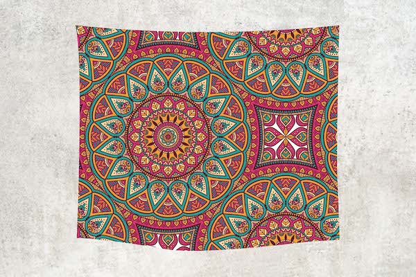 Mandala Boho Print 26 Green, Red and Tan Wall Tapestry