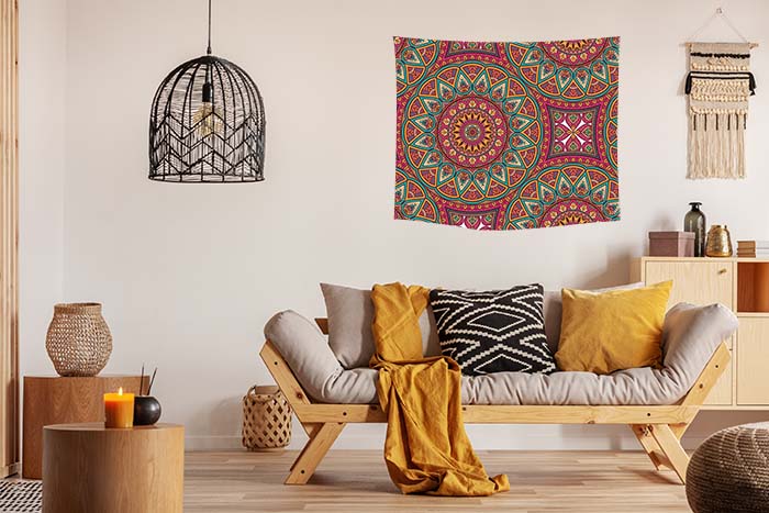 Mandala Boho Print 26 Green, Red and Tan Wall Tapestry